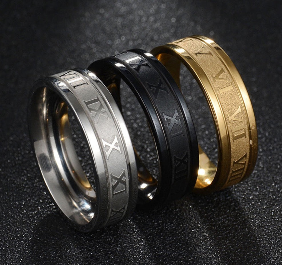 316L Stainless Steel Roman Numerals Band Rings