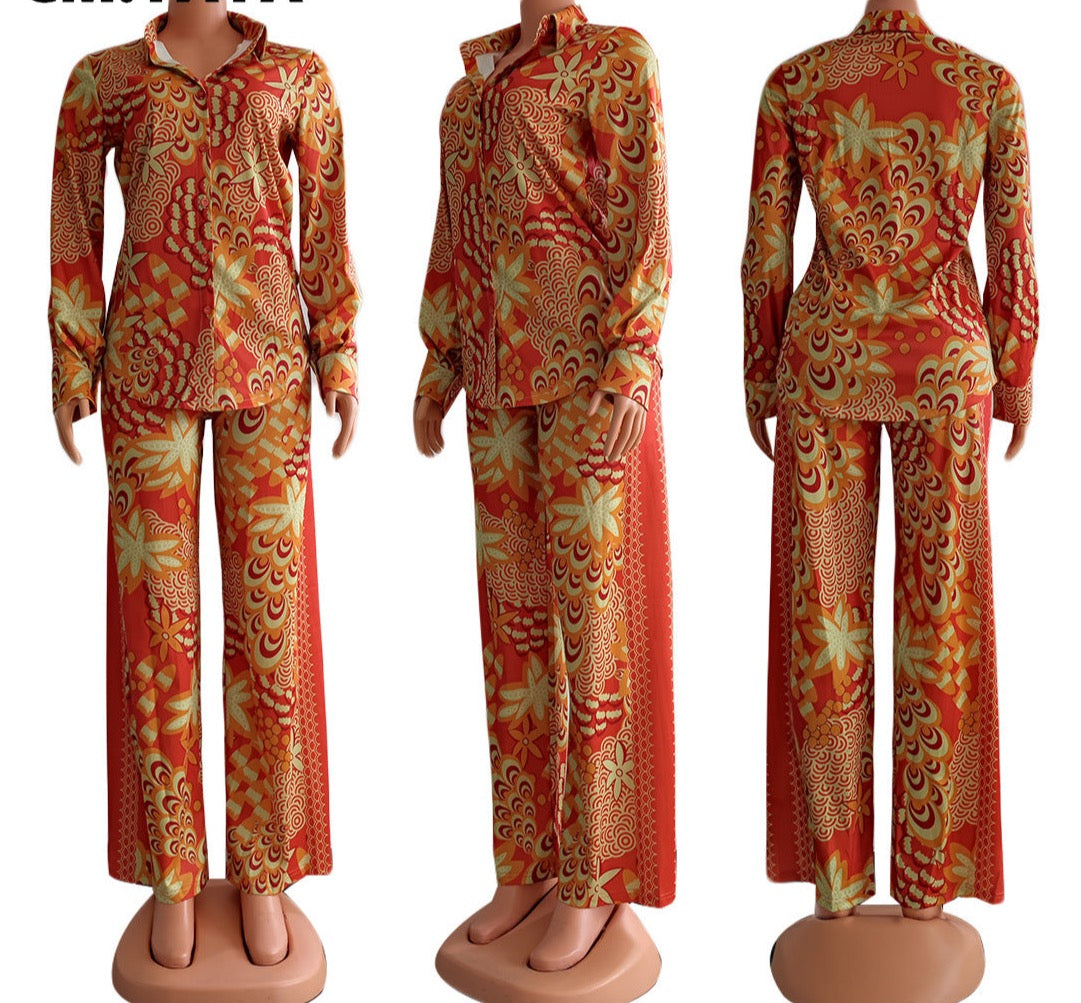 Peacock Set Button Up Blouse and Pants