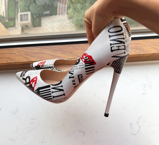 Graphic Print White Pointy Toe High Heel Shoes