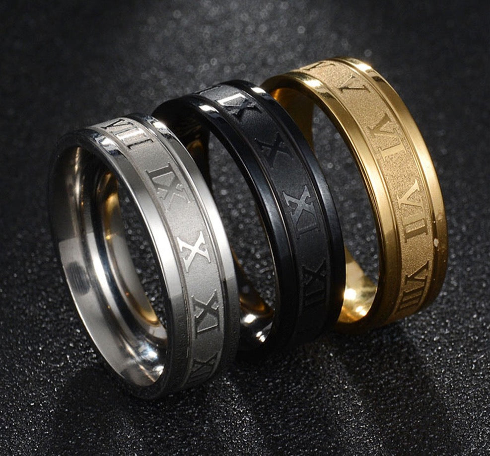 316L Stainless Steel Roman Numerals Band Rings